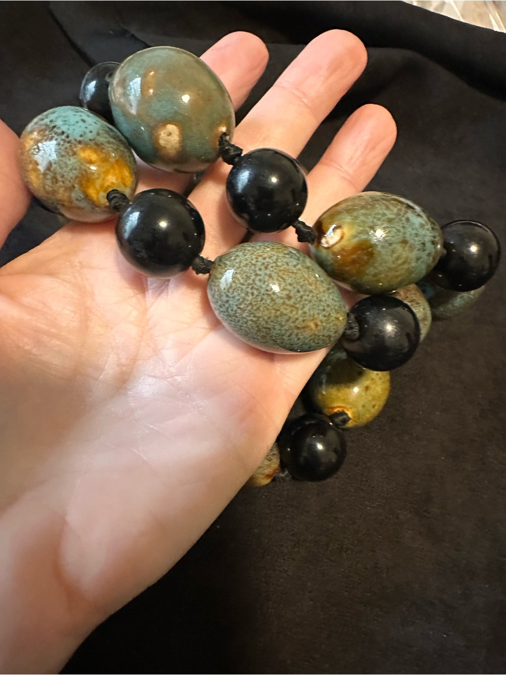Artisan Green and Black large ceramic Beaded Statement Necklace